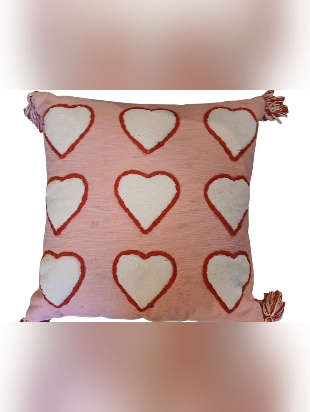 Home - Set of 2 Pink and White Pillow W/ Heart's, Tassels On Corners, 18" X 18" - Picture 3 of 8